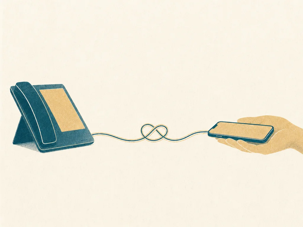 会社の電話から出た線が結び目になり、手の中のスマートフォンへ届くイラスト
