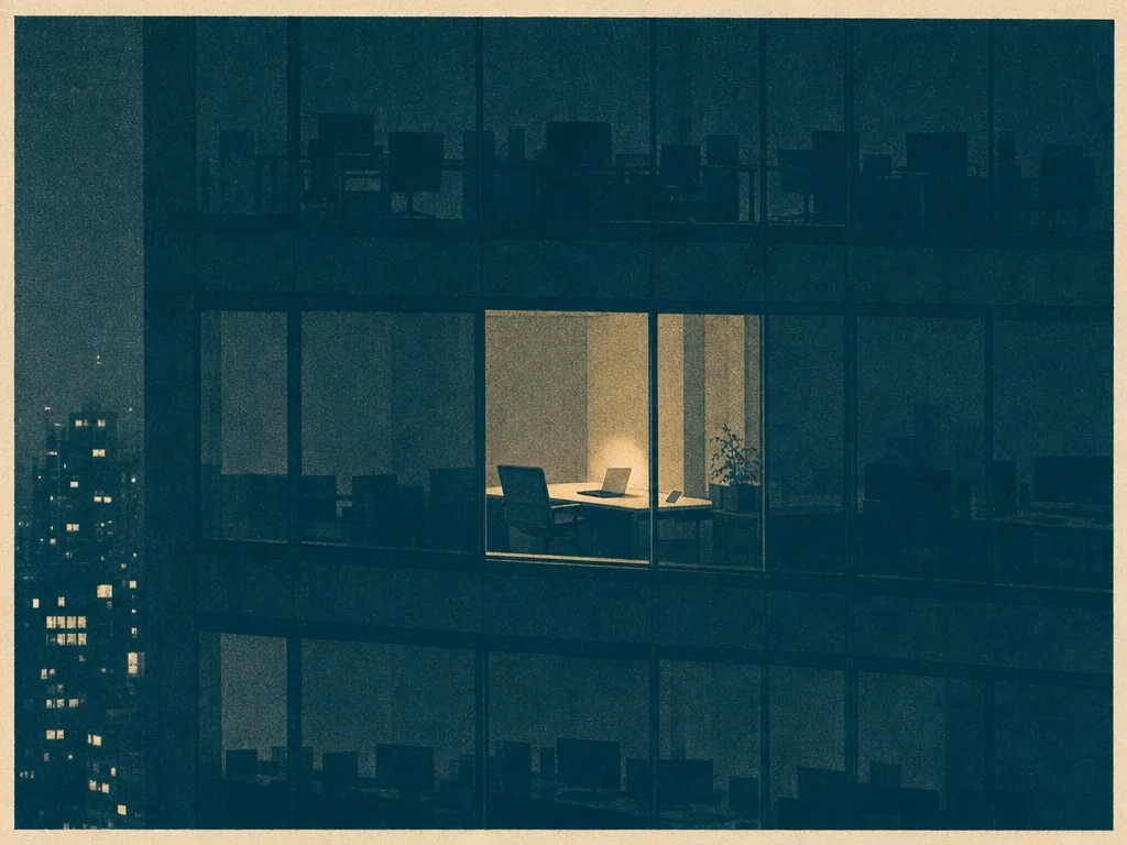 夜のオフィスビルで1区画だけ灯りがともるイラスト